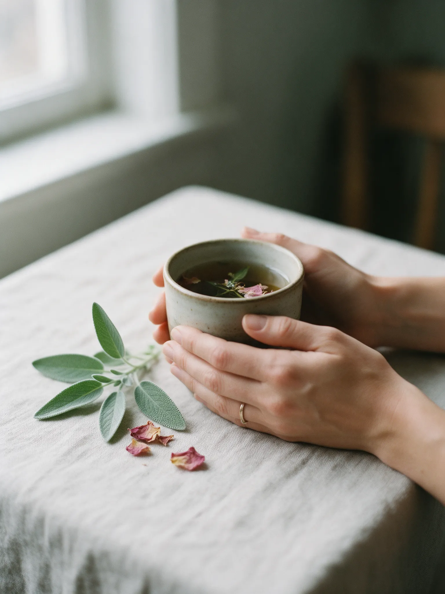 Hände halten eine Tasse Kräutertee, daneben Salbeiblätter und Rosenblüten auf Leinen