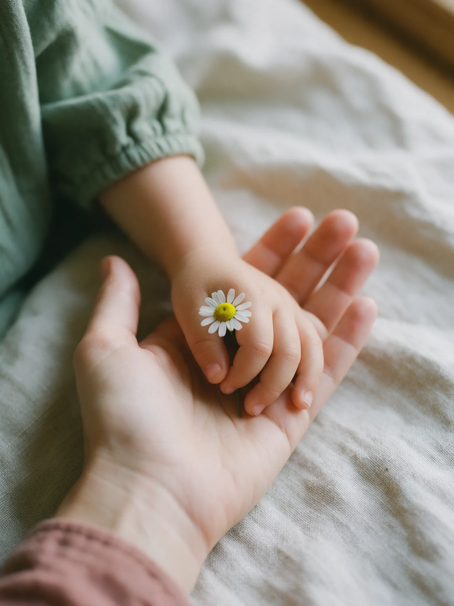 Eine Kinderhand liegt in einer Erwachsenenhand und hält eine Kamillenblüte